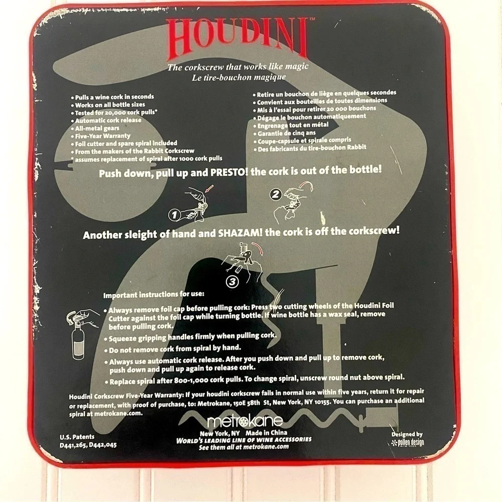 Houdini Lever Corkscrew Spare Spiral Included by Metrokane Missing Foil Cutter